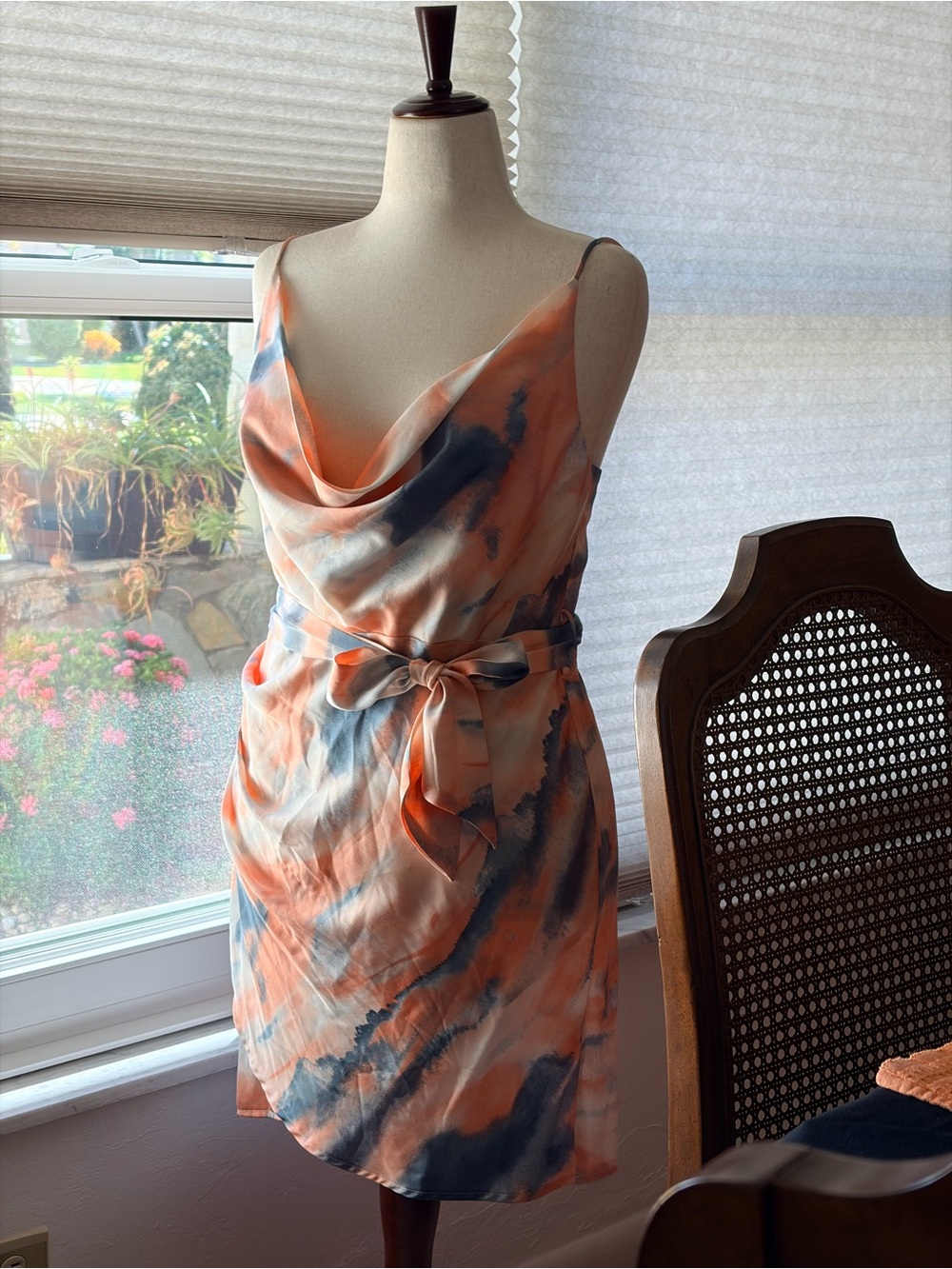 Bebe Satin Cowl Neck Wrap Dress Watercolor Print Multi